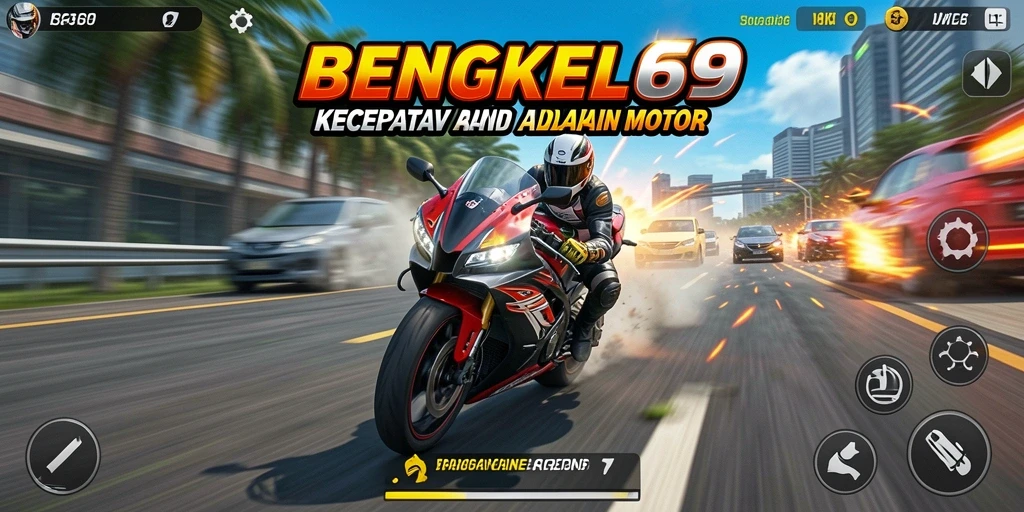 Screenshot gameplay BENGKEL69 menunjukkan balapan motor yang seru.