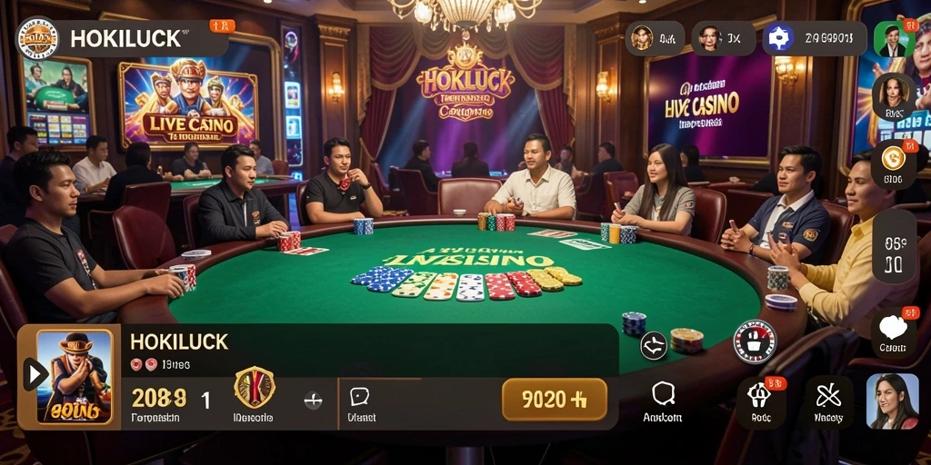 Tampilan gameplay HOKILUCK dengan dealer langsung dan suasana kasino yang nyata.