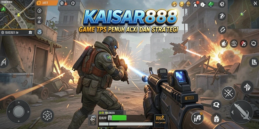 Screenshot KAISAR888 menampilkan aksi menembak yang intens dalam game TPS.