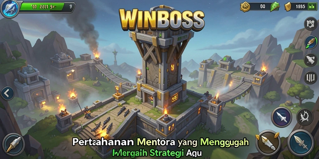 Tampilan gameplay <strong>WINBOSS</strong> yang menampilkan aksi menara pertahanan dalam pertempuran seru.